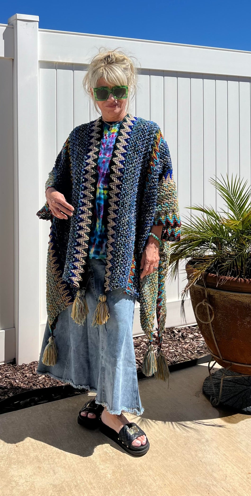 Crochet Patterned Ruana Navy