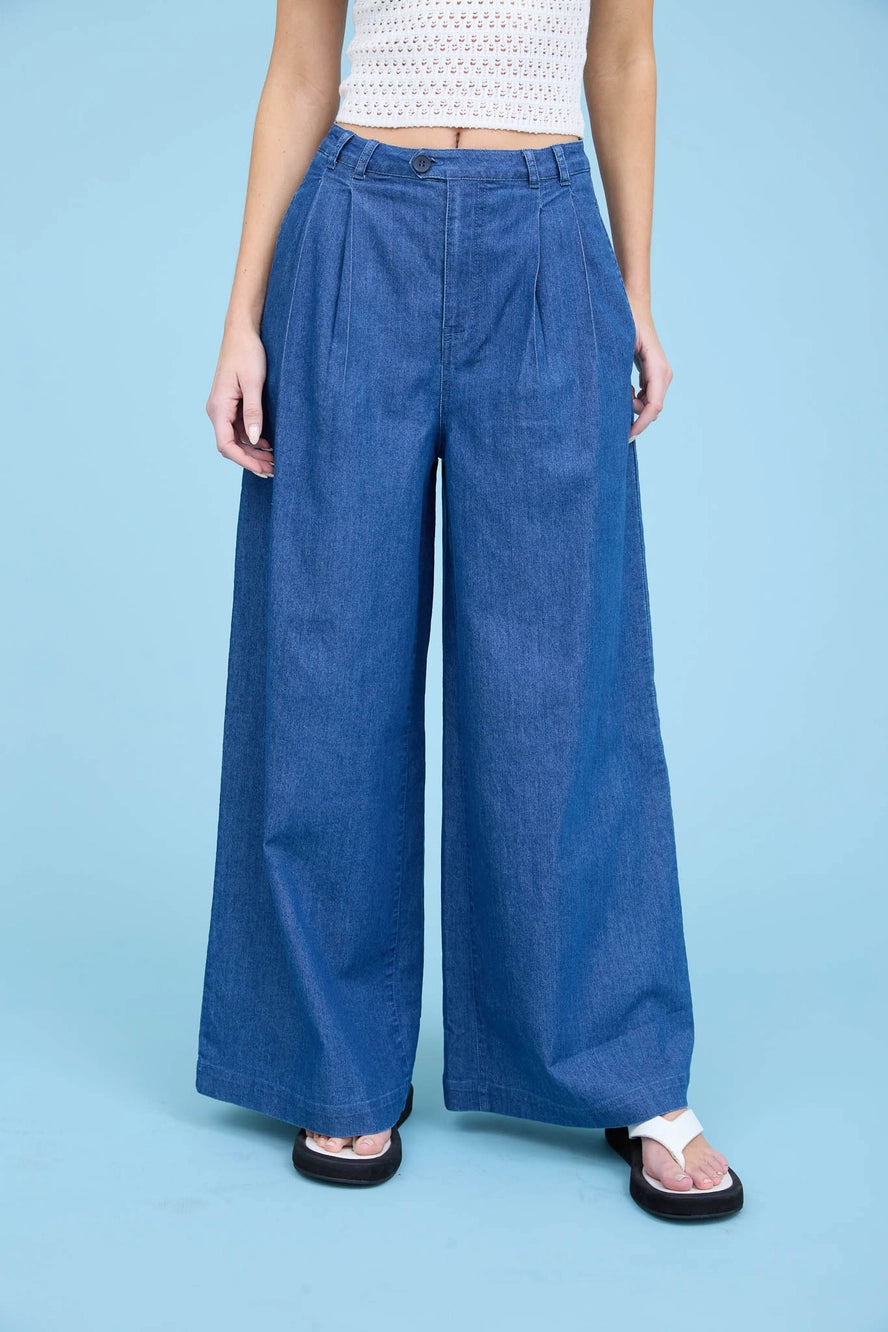 Pleated Wide Leg Chambray Pants