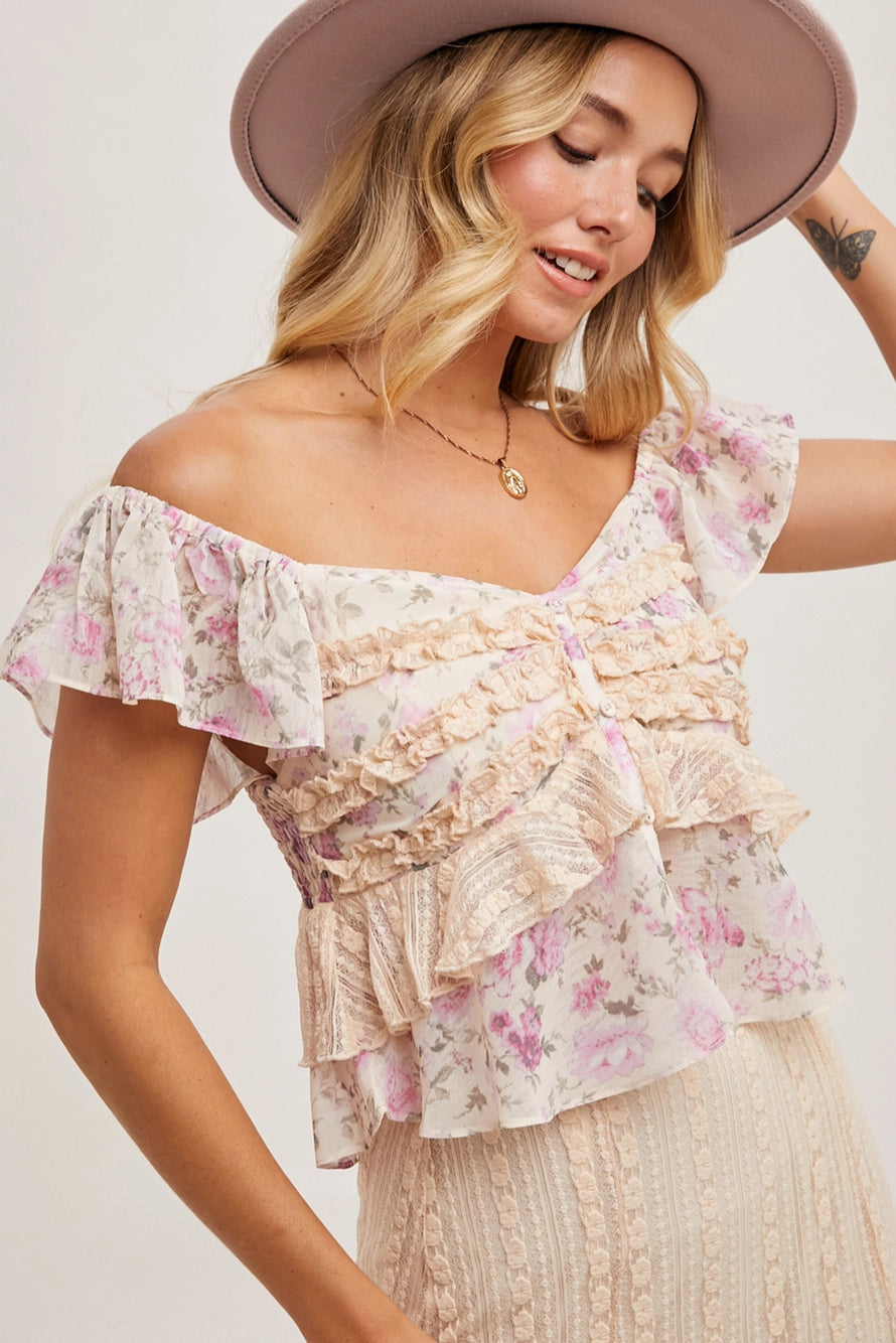 Ruffle Lace Trimmed Sweetheart Neck Top