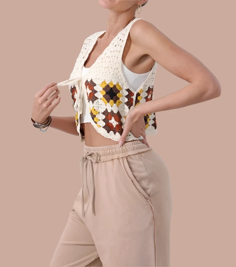 Boho Granny Square Crochet Vest – Retro Knit