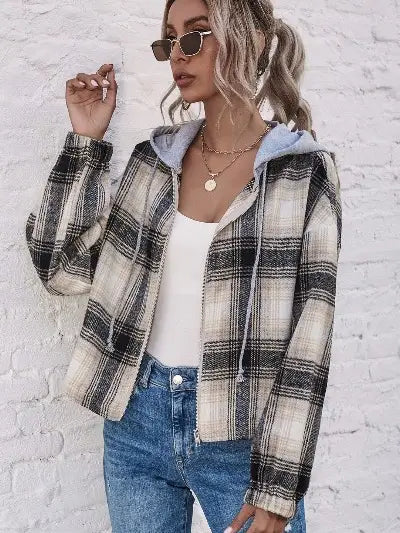 Plaid Zip Up Drawstring Hooded Jacket