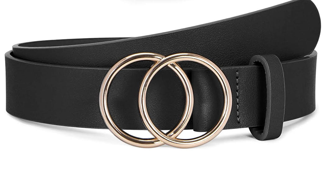 Gold Double O-Ring Buckle Faux Leather Belt