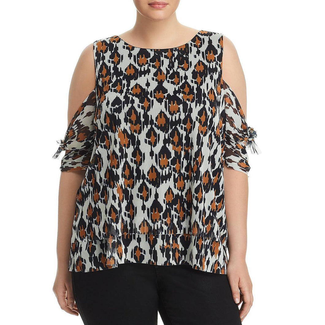 Womens Plus Animal Print Cold Shoulder Blouse