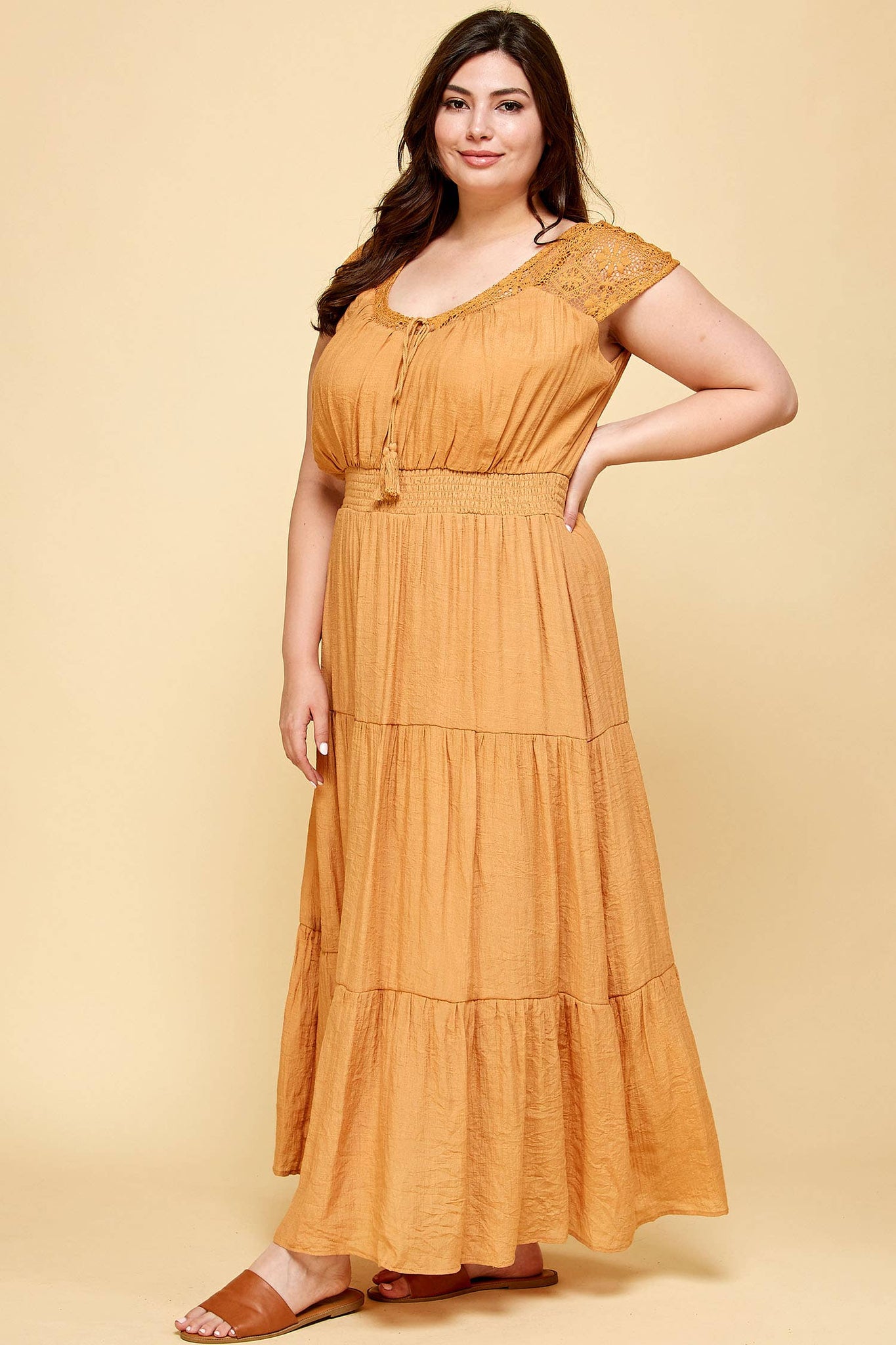 Lace Top Tassel Smocked Waist Tier Maxi Dress-Plus Size Kela's Boutique Lace Top Tassel Smocked Waist Tier Maxi Dress-Plus Size Kela's Boutique
