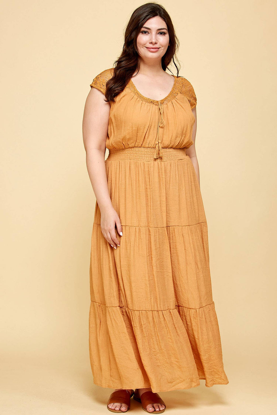 Lace Top Tassel Smocked Waist Tier Maxi Dress-Plus Size Kela's Boutique Lace Top Tassel Smocked Waist Tier Maxi Dress-Plus Size Kela's Boutique